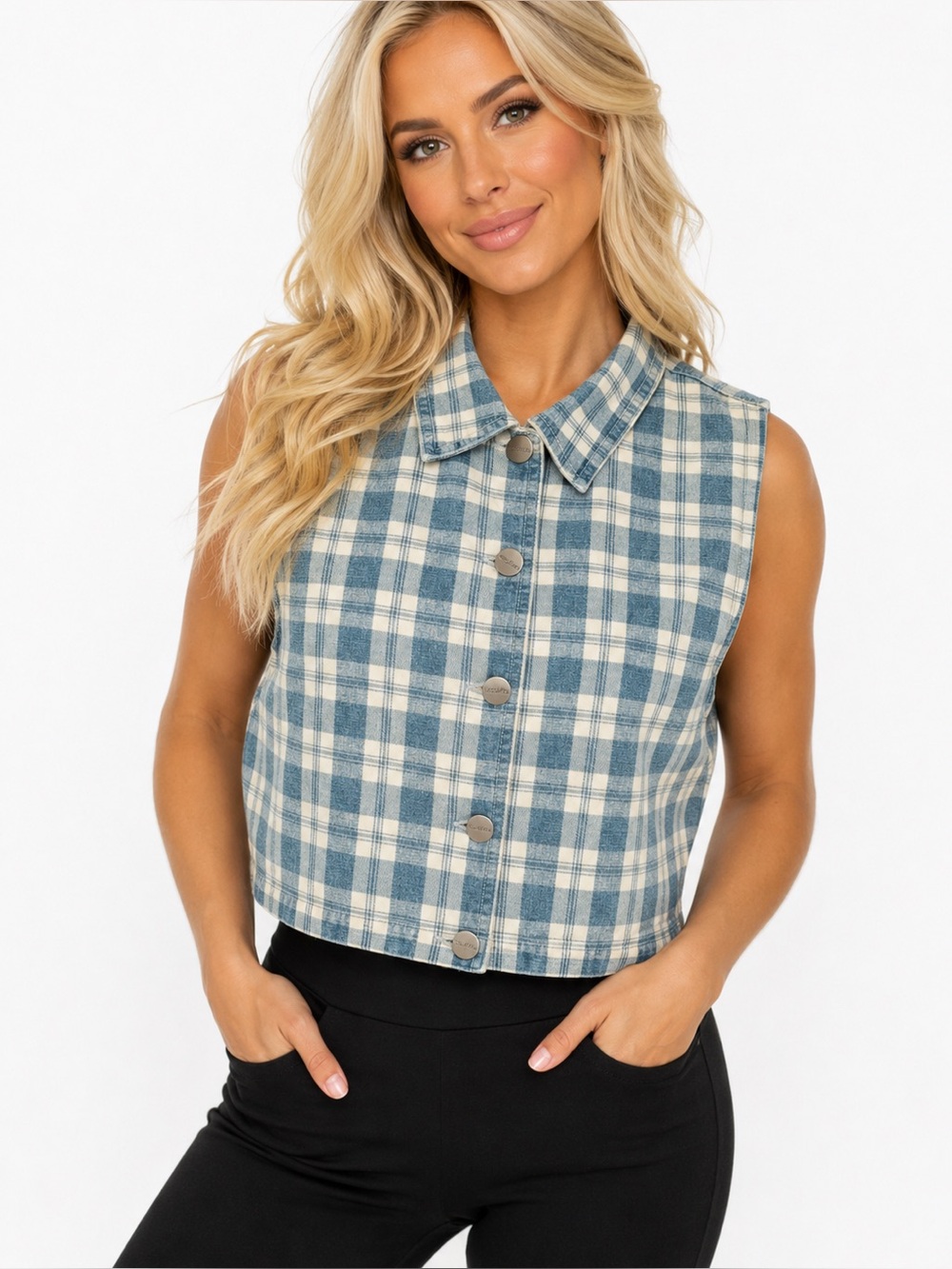 Karen Kane Women’s Medium Blue Cream Plaid Denim Vest Button Front Cropped